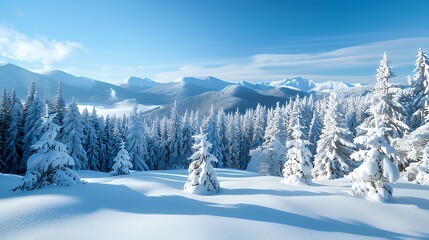Snow-covered pine forest with mountain backdrop