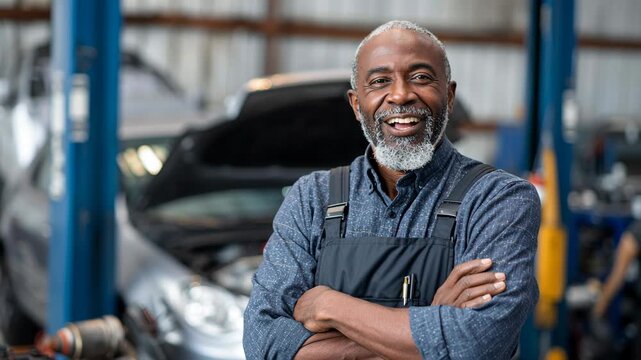 Black man, auto mechanic smiling with arms crossed in busy garage workshop, concept of car repair
