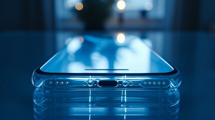 Futuristic transparent smartphone on reflective surface