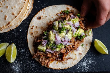 Hand assembled lamb tacos on a dark slate surface, garnished with fresh avocado, onions, and cilantro, showcasing vibrant colors and textures in a culinary flatlay