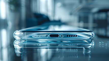 Futuristic transparent smartphone on reflective surface