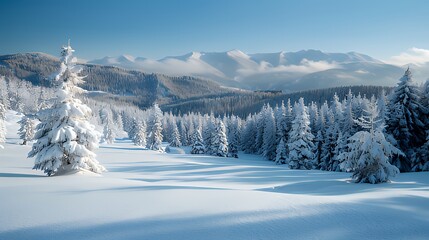 Snow-covered pine forest with mountain backdrop
