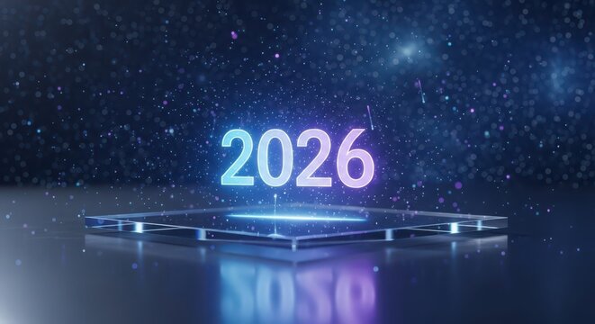 The year 2026 illuminated on a futuristic platform against a starry background