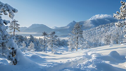 Snow-covered pine forest with mountain backdrop