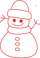 Cute Red Line Drawing of a Smiling Snowman Wearing Hat and Scarf