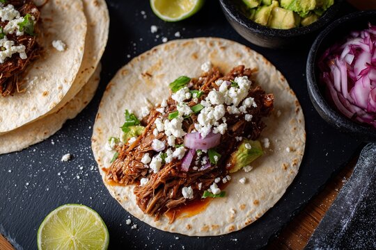 Hand-assembled lamb tacos on a dark slate surface, garnished with fresh ingredients, showcasing vibrant colors and textures, perfect for culinary enthusiasts and food photography - Powered by Adobe