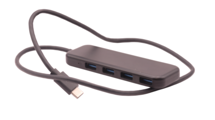 Black USB-C Hub Station with Multiple Ports and a Cable, Isolated on Transparent