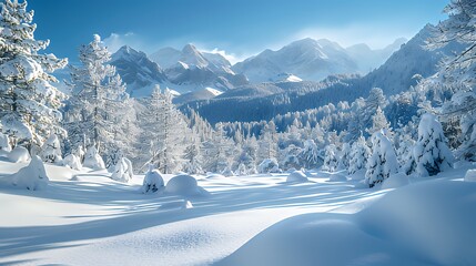 Snow-covered pine forest with mountain backdrop
