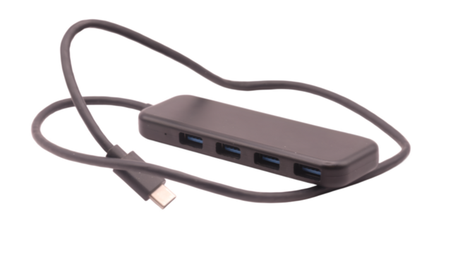 Black USB-C Hub Station with Multiple Ports and a Cable, Isolated on Transparent