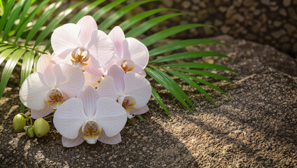 Fototapeta premium White orchid flowers on black stones with green leaves in spa setting