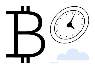 Large Bitcoin sign near clock with hands and cloud. Ideal for cryptocurrency, finance, trading, investment, technology, time, innovation. Minimalist flat style and simple flat metaphor