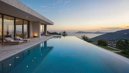 Infinity pool with sea view at sunset near modern house