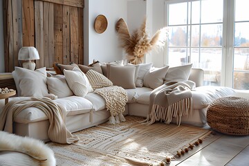 Cozy living room with Scandinavian decor and warm lighting