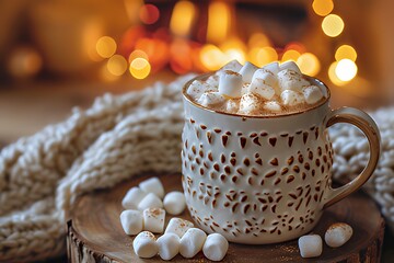 Cup of hot chocolate with marshmallows by cozy fireplace