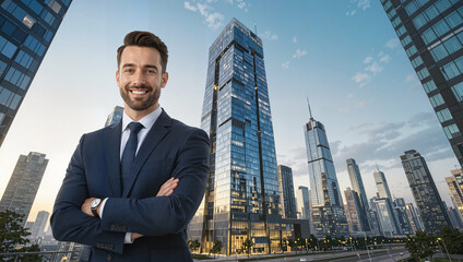 Confident businessman posing with arms crossed against city skyline