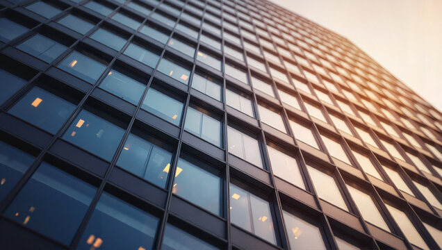 Modern office building with glass windows and sunset reflection