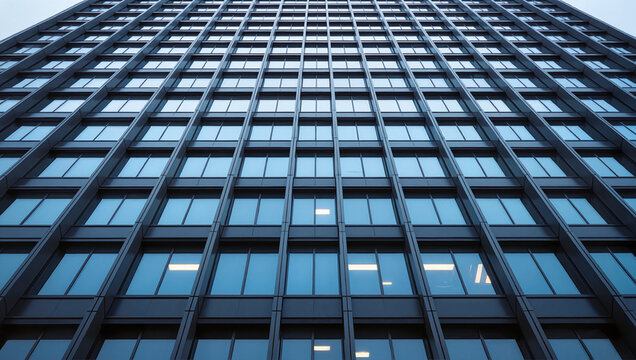 Modern glass skyscraper facade with blue windows from low angle
