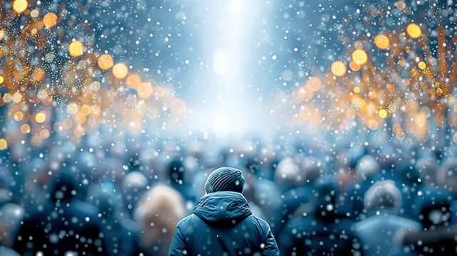 Solitude in a Snowy Urban Crowd: A Winter Evening in the City