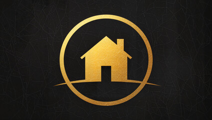 Real estate icon with golden house on dark background