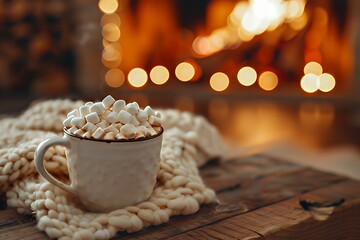 Cup of hot chocolate with marshmallows by cozy fireplace