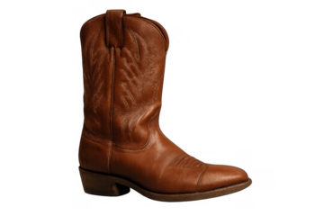 Brown leather cowboy boot with western stitching, traditional country footwear representing culture and style, transparent background