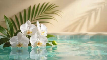 Naklejka na ściany i meble White orchids floating in spa pool with tropical leaves