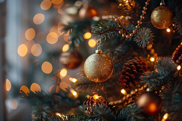 Golden Christmas ornament on decorated tree with warm lights