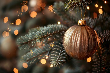 Golden Christmas ornament on decorated tree with warm lights