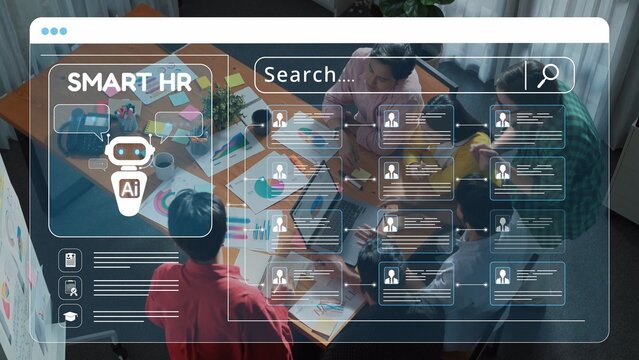 A modern office scene featuring innovative human resources technology, showcasing team collaboration and advanced recruiting tools for efficient workflow enhancement. Raster