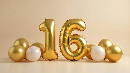 Golden 16 balloons with pastel background for sweet sixteen celebration