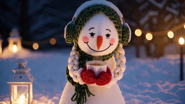 Snowman holds glowing candle in mittens. Snow surrounds figure by lantern. Winter night with string light bokeh. Christmas decoration creates cozy festive outdoor atmosphere. Candle glow on snow.