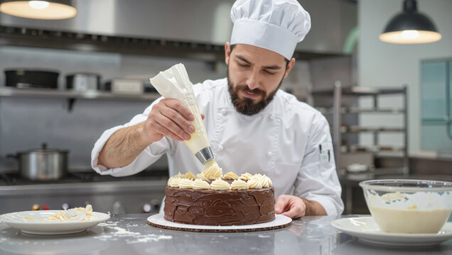 Male pastry chef decorating chocolate cake in bakery kitchen