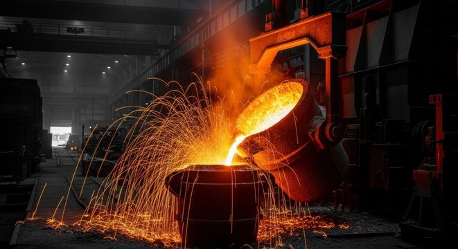 Molten metal pouring in foundry with sparks, industrial steel manufacturing process