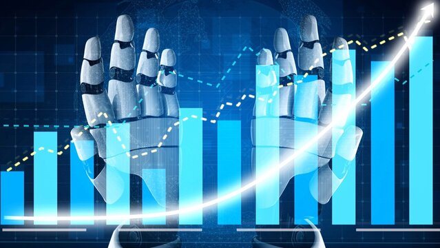 Futuristic robotic hands illustrate the concept of data analysis with visual graphs and digital trends, embodying innovation in artificial intelligence and machine learning. Copula - Powered by Adobe