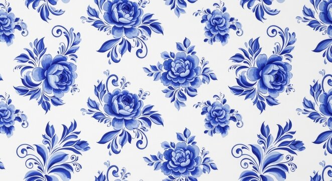 Seamless blue floral gzhel pattern on white background