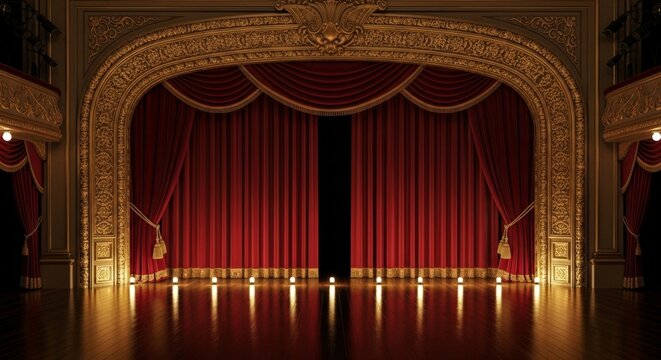 Grand theater stage with red velvet curtains and ornate gold arch