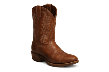 Brown leather cowboy boot with western stitching, ready for riding or fashion, celebrating rural lifestyle, isolated