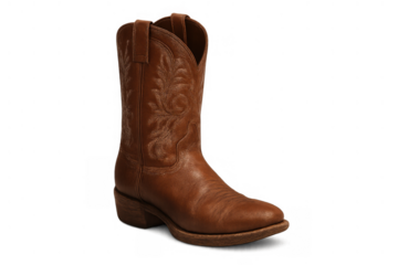 Brown leather cowboy boot with western stitching, ready for riding or fashion, celebrating rural lifestyle, isolated