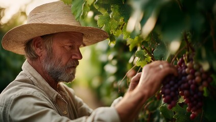 Vineyard harvests senior farmer gently picking ripe grapes, calm satisfaction in sunlit natural style, documentary rural agriculture image for sustainability, farm labor, seasonal
