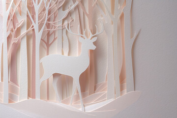 Delicate Layered Paper Cut Art of a White Stag in an Ethereal Pink Winter Forest
