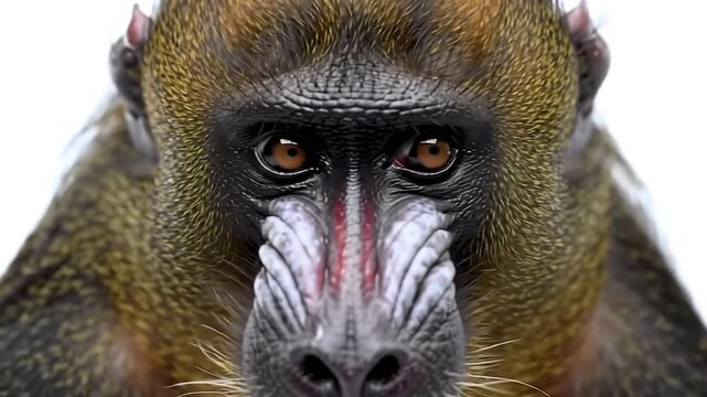 Close-up of a mandrill's face, showcasing vibrant colors and intricate textures with piercing gaze