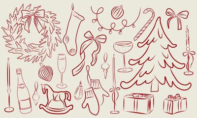 Hand drawn chalk Christmas collection. Vintage festive doodles, retro New Year party design elements for greeting cards, invitations, posters, and holiday decor.