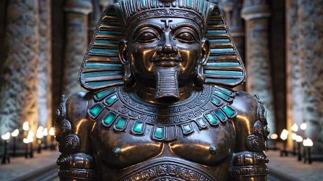 Ancient pharaoh statue stands in corridor. Bronze sculpture displays ornate headdress and turquoise inlay. Columned temple aisle glows with torchlight. Sacred tomb artifact evokes myth and ritual.