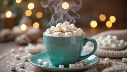 Steaming cup of hot chocolate with marshmallows in cozy winter setting