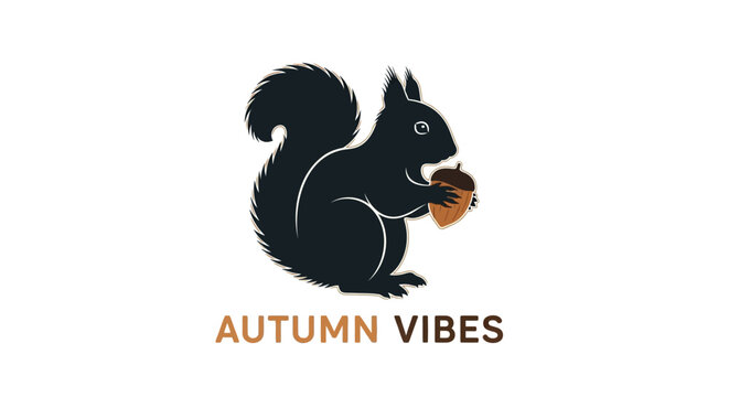 Charming black squirrel holding an acorn with the words autumn vibes in a rustic font