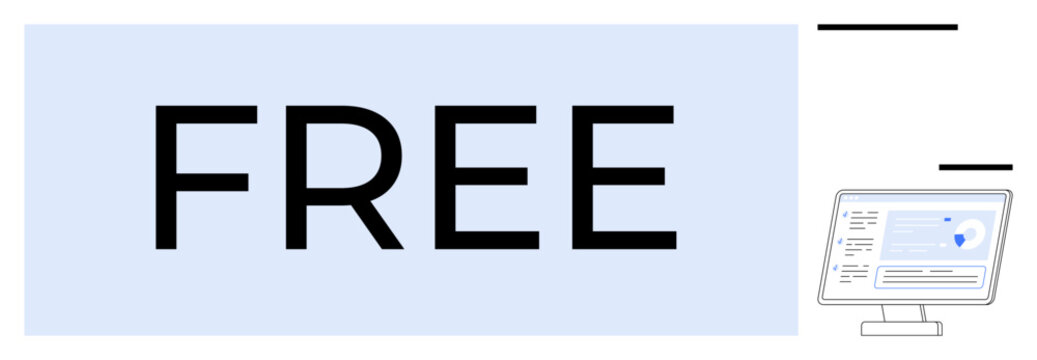 Bold FREE text in center, computer monitor showing analytics dashboard on side. Ideal for marketing, services, promotions, software, accessibility, user experience affordability. Simple flat