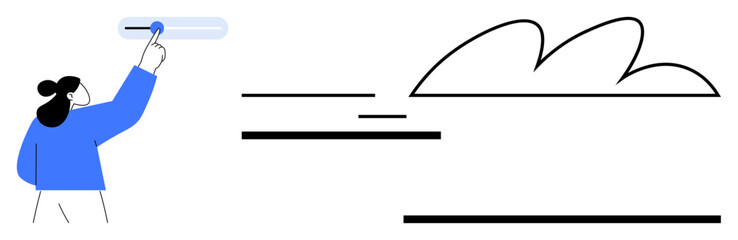 Minimal graphic of a person adjusting a horizontal slider, surrounded by linear patterns and a cloud outline. Ideal for technology, customization, interface design, interaction, control, simplicity