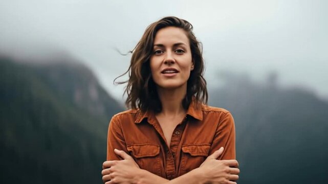 A confident woman in a brown shirt smiling at the camera, with a foggy mountain range in the background. This footage is perfect for adventure concepts