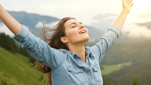 A joyful woman with her arms raised in success, enjoying the stunning mountain view. This footage is perfect for achievement and travel concepts