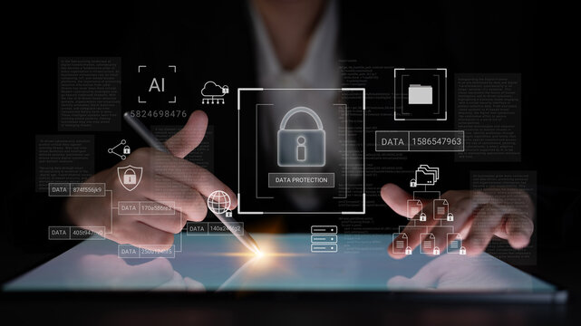 Digital padlock surrounded by data security diagrams representing encryption, network protection, and secure information management Parse - Powered by Adobe